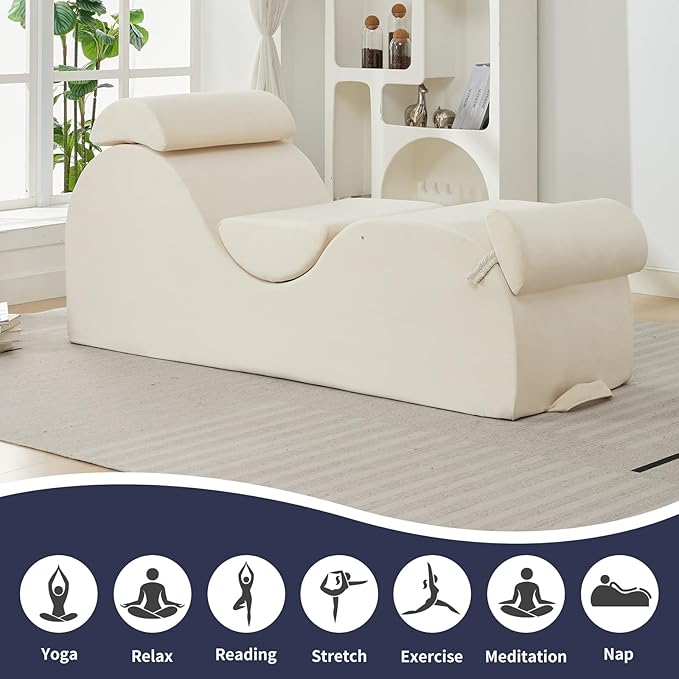 ijuicy Sleek Chaise Lounge Chair for Yoga/Exercise, Indoor Lounger with Headrest, Waist Cushion, Movable Footrest, Side Pockets, Non-Slip Bottom - High Density Sponge, Beige