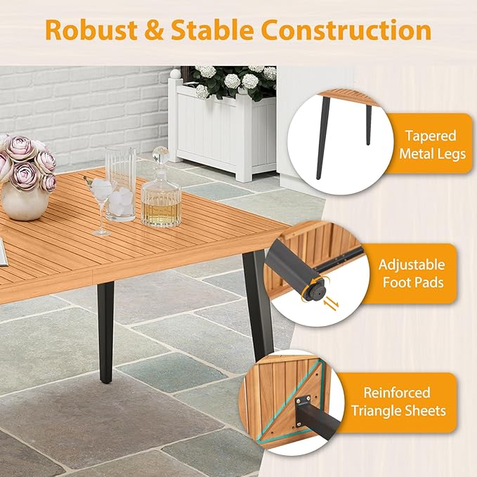 Tangkula 63" Acacia Wood Patio Dining Table for 6, Outdoor Dining Table with 1.97" Umbrella Hole & Metal Legs & Adjustable Foot Pads, Rectangular 6-Person Outside Table for Garden, Poolside & Backyard