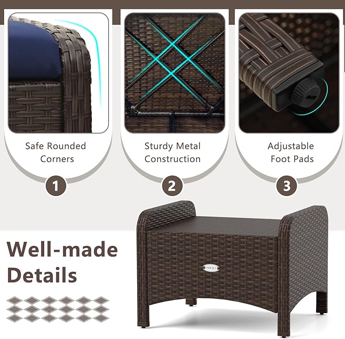 RELAX4LIFE Wicker Outdoor Ottomans for Patio - Set of 2 Rattan Footstools w/Removable Cushions, Multipurpose Outside Foot Rest, Side Table & Additional Seating for Porch Garden Backyard (Navy)