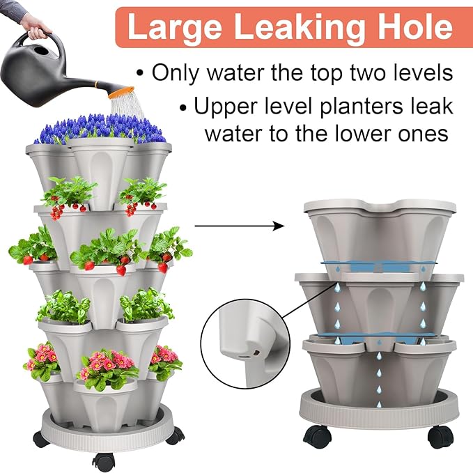 GameXcel Vertical Planter 5 Tier Stackable Planters Garden Planters Strawberry Herb Flower and Vegetable Planter Indoor Outdoor Gardening Pots with Removable Wheels and Tools 2-Pack