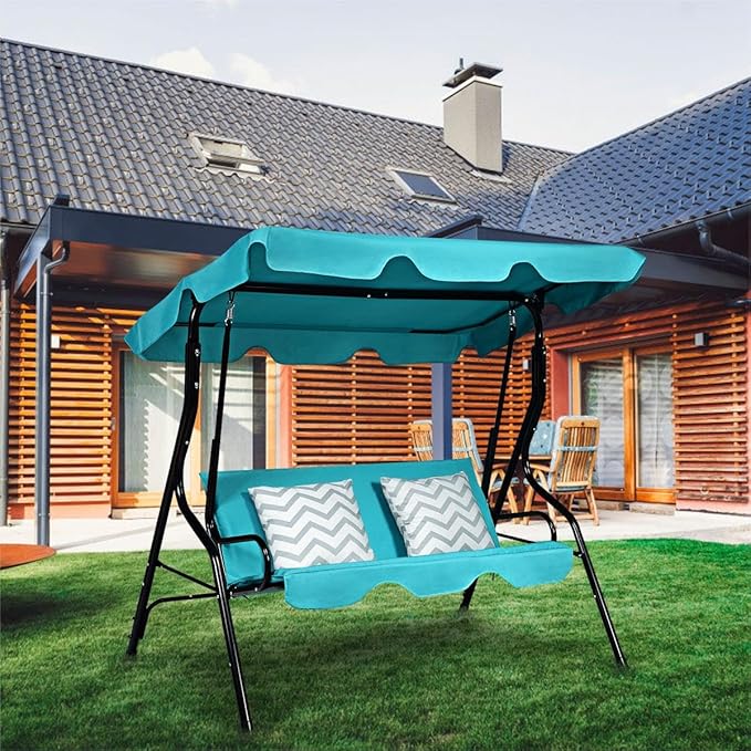 Porch Swing Outdoor, 3 Person Patio Swing w/Removable Cushion, Stand & Adjustable Canopy, Heavy Duty Swing Chair for Patio, Garden, Courtyard, Poolside