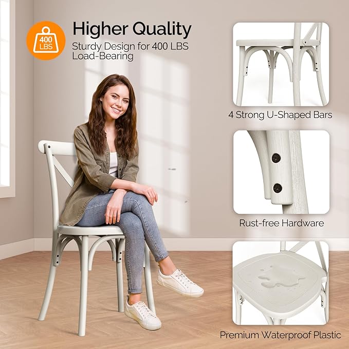 VINGLI Plastic Outdoor Dining Chairs Set of 6, Stackable Patio Cream White Dining Chairs with X Back, Waterproof Kitchen & Dining Room Chairs for Indoor-Outdoor, Capacity 400 lbs