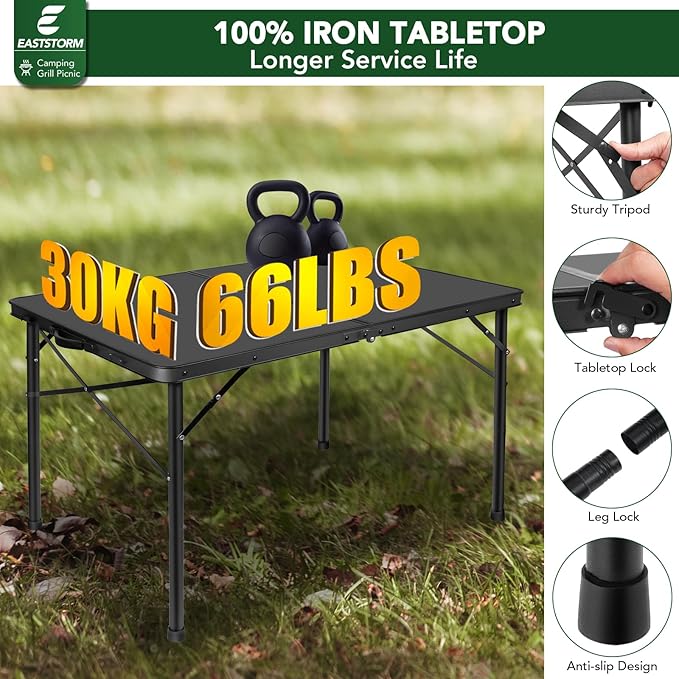 4ft Folding Table with Adjustable Height, Solid Metal Iron Top Portable Camping Table, Compact Grill Table for Outdoor Picnic, Patio, Garden, Party, Market | Great Gift for Campers, Black