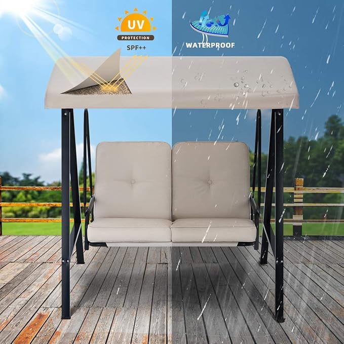 AECOJOY 2-Seat Outdoor Patio Swing Chair with Adjustable Canopy, Porch Swings Chairs for Adult, Outside Swing Bench with Removable Cushion, Suitable for Backyard, Garden, Yard, Poolside, Balcon,Beige