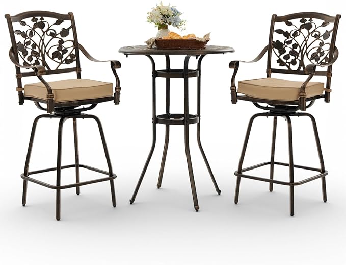 3 Piece Swivel Outdoor Table and Chairs Bar Set , All-Weather Cast Aluminum Outdoor High Top Patio Bar Set Bistro Set, High Swivel Stools with Cushions Umberlla Hole for Balcony, Poolside,Garden,Lawn