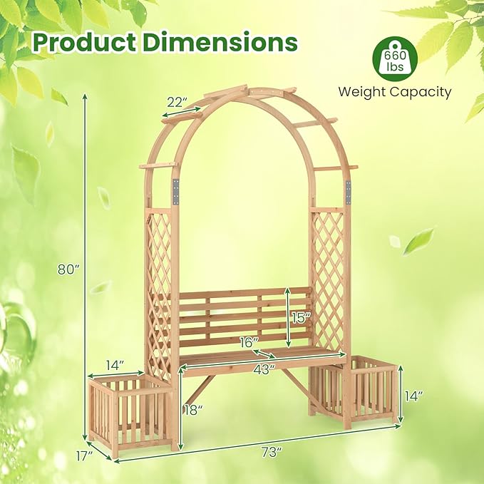 Giantex Outdoor Bench with Garden Arch & Planters, Wooden Pergola Archway, Outdoor Trellis for Climbing Plants, Patio Decorative Arbor Arch for Backyard Lawn (Arched,Natural,73"x22"x80")