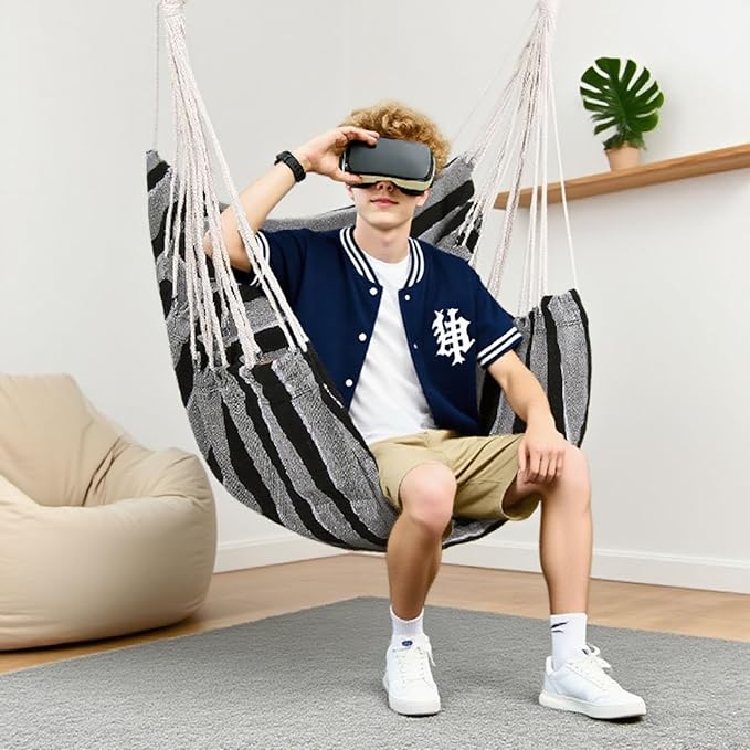 Goutime Hammock Chair, Boho Hanging Rope Ceiling Swing, Macrame Hanging Swinging Chair for Indoor,Outdoor,Bedroom,Outside,Garden,Balcony,Yard,Deck,Max 330 Lbs (Gray Stripe)