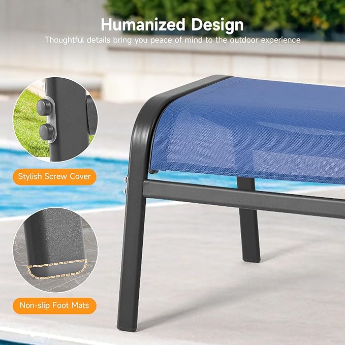 ONBRILL Outdoor Ottoman Set of 2, All Weather Outdoor Foot Stool with Supportive Textliene and Metal Frame, Stackable Oversized Outdoor Foot Rest for Furniture Patio Garden Pool, Blue