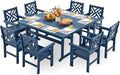 HDPE Outdoor Dining Set,10-Piece Outdoor Table and Chairs Include 8 Dining Chairs and 2 Pcs 62.5" Patio Dining Table with Umbrella Hole (Blue)