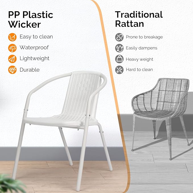 VINGLI PE Rattan Outdoor Dining Chairs Set of 4, Plastic Stackable Patio Chairs for Indoor, Porch, Restaurant, Garden, White
