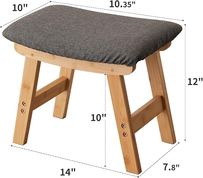 Foot Stool,Ottoman,Bamboo Small Sofa Foot Rest Under Desk,Extra Seating for Living Room, Bedroom and Kitchen (Natural Stool Legs - Gray Surface)