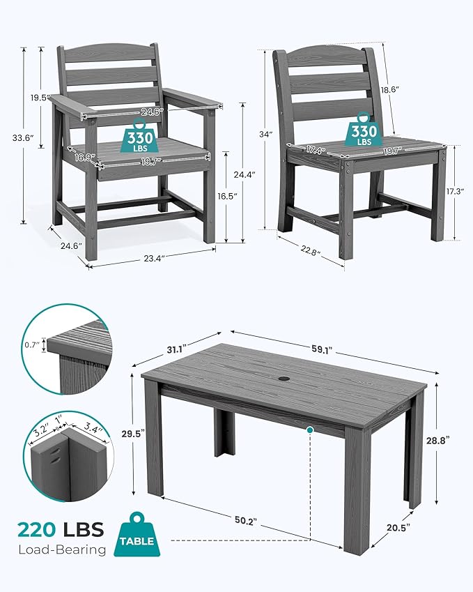 SERWALL Outdoor Dining Sets for 10, HDPE Dining Sets for 10 Person with 2 Rectangular Tables and 8 Armless Chairs and 2 Armchairs, Patio Dining Sets for Garden, Backyard, Poolside, Gray