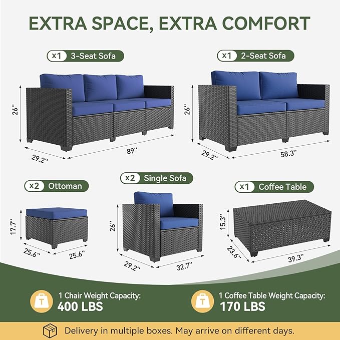 Aoxun 9 Piece Outdoor Patio Furniture Set 8 Seats, Outdoor Sectional with Thick Waterproof Cushions & Storage Coffee Table, Patio Conversation Sets for Garden,Backyard, Porch, Balcony, Deck, Blue