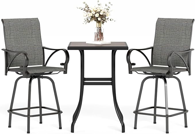 MFSTUDIO 3 Piece Patio Swivel Bar Set, Outdoor Bar Table and Chairs Set, Patio High Top Table and Chairs, Tall Bistro Set Outdoor Bar Height Table with 2 Chairs, Grey