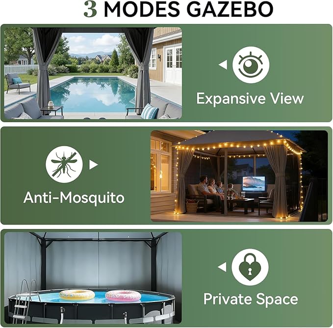Aoxun 10x10 Outdoor Gazebo with 50FT LED Hanging Lights Metal Frame Canopy with Double Roofs Heavy Duty Party Tent and Shelter with Mosquito Netting and Privacy Screen for Backyard, Lawn, Garden(Gray)