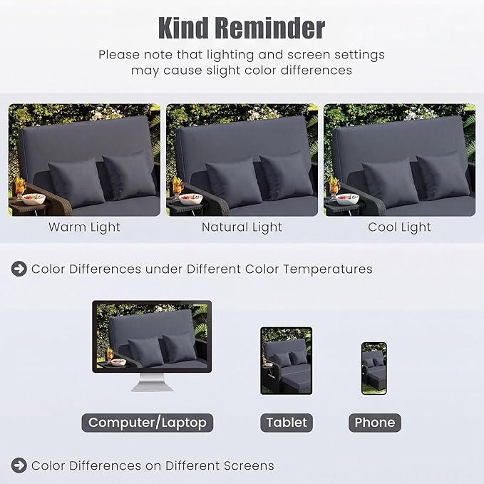 HAPPYGRILL Patio Rattan Wicker Daybed with Loveseat & Storage Ottoman, Outdoor Lounge Sofa Furniture Set with Adjustable Backrest & Side Trays, for Poolside Deck Porch Lawn (Black & Gray)