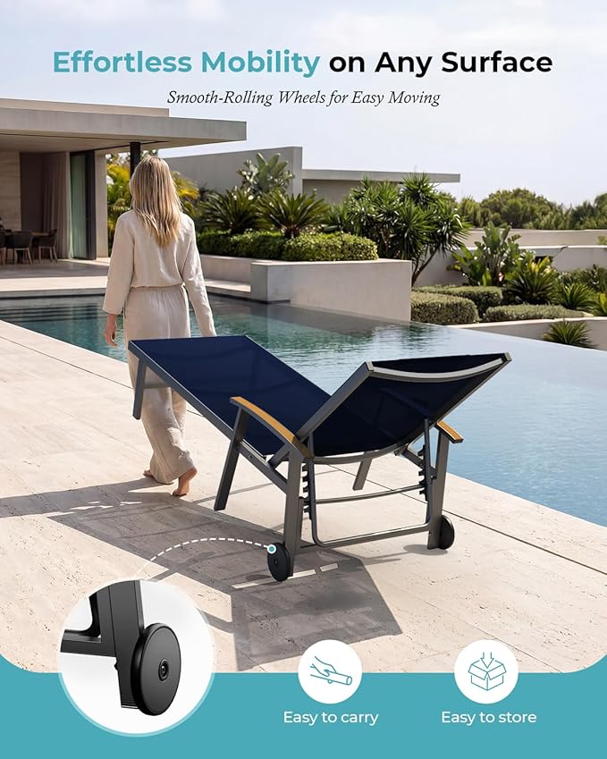 Ciokea Outdoor Lounge Chair with Pillow Set of 4, 5-Position Chaise Lounge with Wheels & Armrests, 400 lbs Heavy Duty Aluminum Pool Lounge Chairs, for Beach, Deck, Poolside & Backyard, Navy Blue