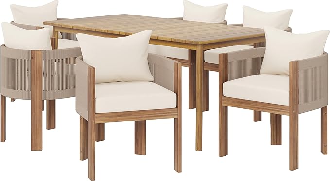 Christopher Knight Home Kclent Patio Acacia Wood Dining Set for 6 People, Outdoor Table & Chairs with Curved Rope Arm, Removable Cushions, 7 Piece Patio Dinner Set for Backyard Deck, Teak+ Beige