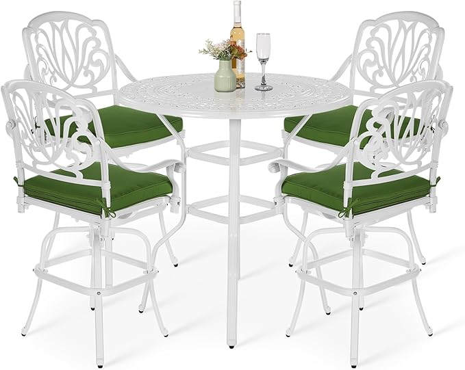 VIVIJASON 5-Piece Patio Swivel Bar Stools Set, All Weather Cast Aluminum Outdoor Bar Height Bistro Set with 4 Cushioned Bar Chairs & 38.5" High Bar Table w/Umbrella Hole for Backyard, Lawn, White