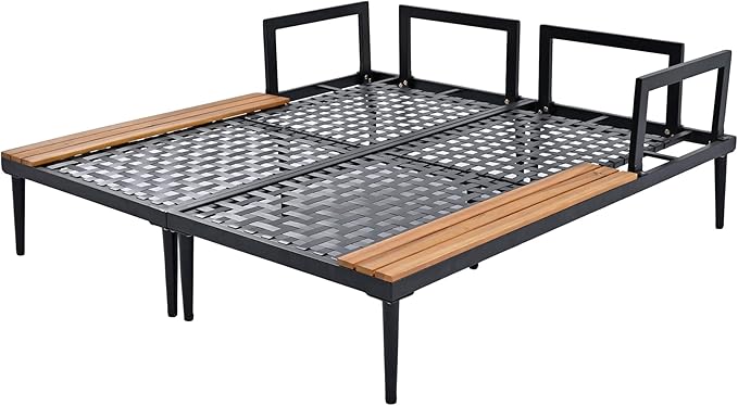 Outdoor Double Metal Daybed, with Wood Topped Side for Drinks, 2 in 1 Padded Sun Lounger with Cushions & Pillows, Patio Chaise Lounge Chair for Poolside Lawn Garden, Gray