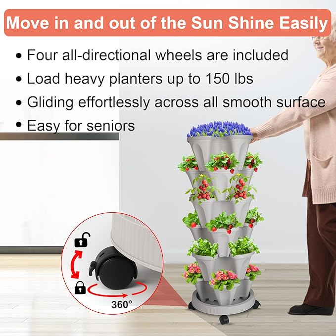 DUNCHATY Stackable Planter, Vertical Garden Planter with Wheels and Tools, Self Watering Strawberry Planter Indoor/Outdoor 6 Tier Herb Planter Pots for Growing Vegetables and Succulents,Gray
