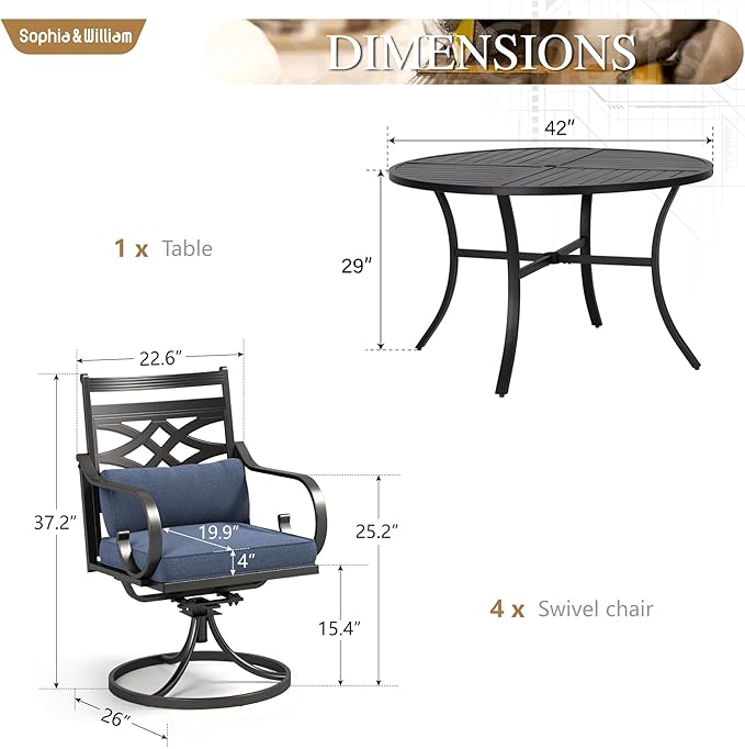 Sophia and William Swivel Outdoor Patio Dining Set for 4, Outdoor Table and Chairs, Removable Seat Cushions, Black 42" Round Patio Dining Table,Blue