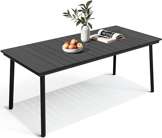 70 Inch Outdoor Patio Dining Table for 6 with Wood-Like Top & Umbrella Hole, Black All-Weather Deck & Backyard Table