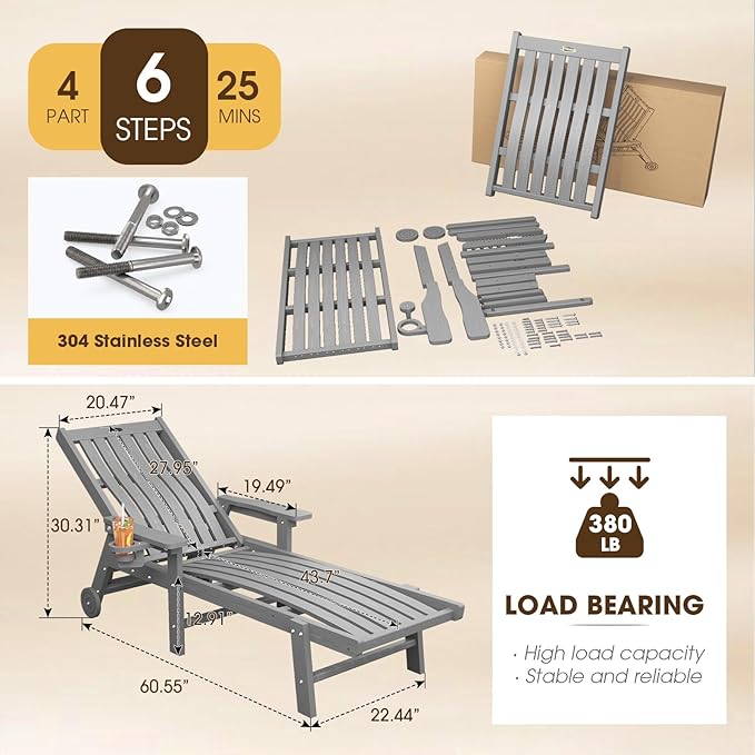 Patio Chaise Lounge Chair, Oversized Lounge Chair Outdoor with 5 Positions, HDPE, Patio Lounge Chair with Wheels & Cup Holder for Pool, Deck, Poolside,Grey