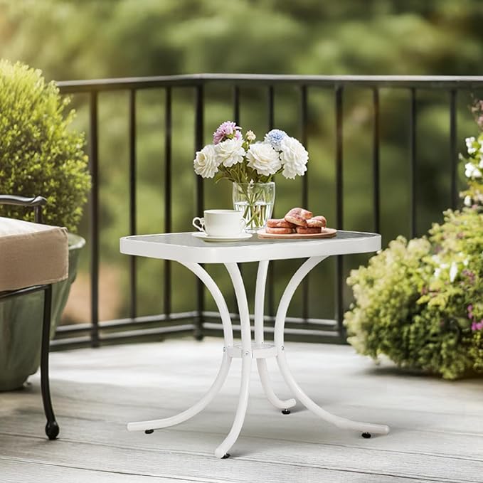 VINGLI Outdoor Side Table, 18in Patio Table Steel Frame Tempered Glass Top, Weatherproof Small Tables for Balcony Garden Poolside (White, Square)