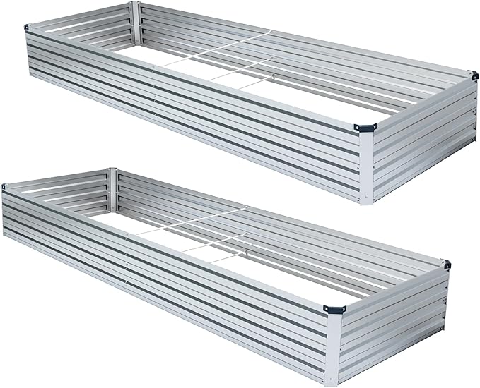 2 Pack 8x2x1FT Galvanized Raised Garden Bed Kit, Outdoor Metal Planter Box for Vegetables, Bottomless Rectangular Gardening Bed with Support Rods, Tool-Free Assembly, Silver