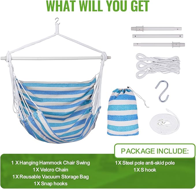 Backyard Expressions Striped Hammock Chair Hanging Rope Swing Chair, Anti Slip Steel Spreader Bar