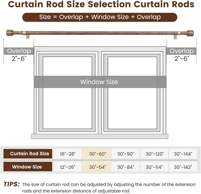 1” Diameter Curtain Rods Itself is 30 to 60 inch 1 Pack Fit 30-54 inch Window with Heavy Duty Adjustable Rod Matte Wood Grain Splicing Metal Extra Long Curtain Rod for Windows