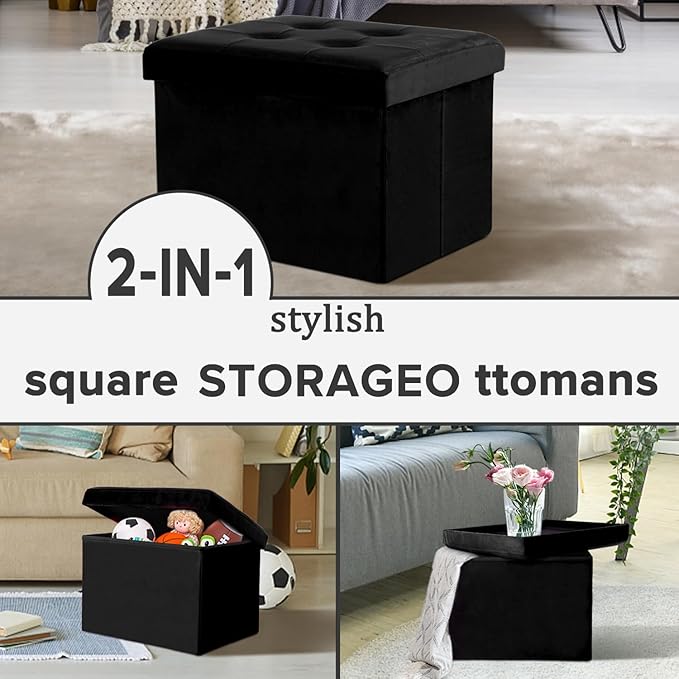 LINMAGCO Storage Ottoman Folding Foot Stool Velvet Foot Rest with Padded Modern Ottoman with Storage for Living Room Puppy Step Stool 17x13x13in(Black)