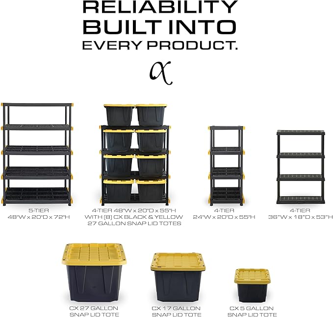 CX Black & Yellow, 4-Tier Heavy Duty Plastic Storage Shelves that Support up to 200lbs/shelf, Organization and Storage, Weather-Resistant Design, Easy Assembly (55"H x 48"W x 20"D)