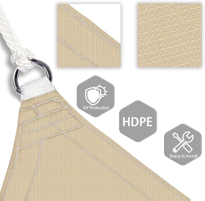Patio Paradise 13' x 13' x 13' Sun Shade Sail Triangle Canopy Shade Cloth Fabric Sunlight Block Patio Pergola Cover HDPE Deck Awning for Outdoor Backyard Roof Shading, Sand