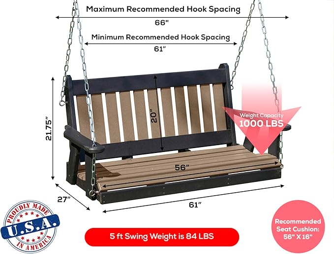 Mission Poly Lumber Wood 5FT Porch Swing Amish Craftsmandship Made in USA HDPE with No Wood fibers 1000 lbs Limit. Stainless Steel Hardware.Signature Design for Patio Outdoor Backyard Garden Park