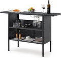 ECOTOUGE Black Wicker Bar Table, Outdoor Patio Console Table Serving Table, Mini Outdoor Bar Patio Counter with Steel Shelves & Hanging Wine Glasses, Ideal for Garden, Backyard