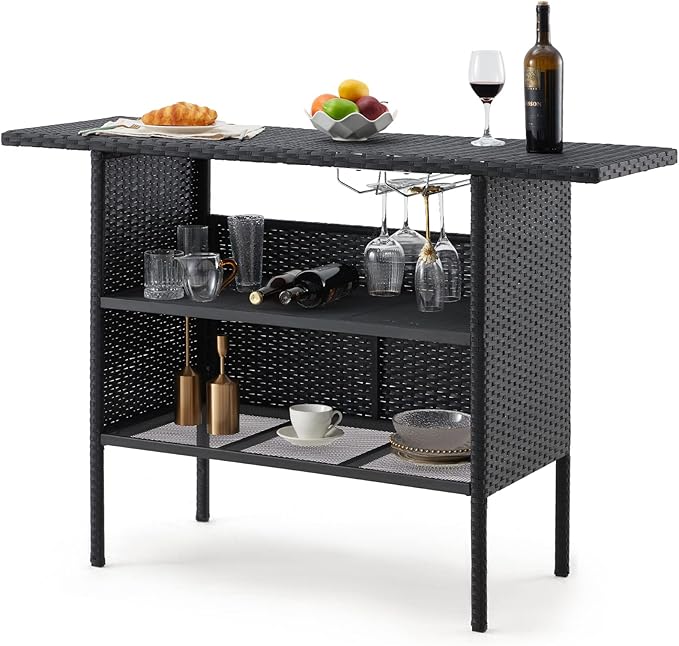ECOTOUGE Black Wicker Bar Table, Outdoor Patio Console Table Serving Table, Mini Outdoor Bar Patio Counter with Steel Shelves & Hanging Wine Glasses, Ideal for Garden, Backyard