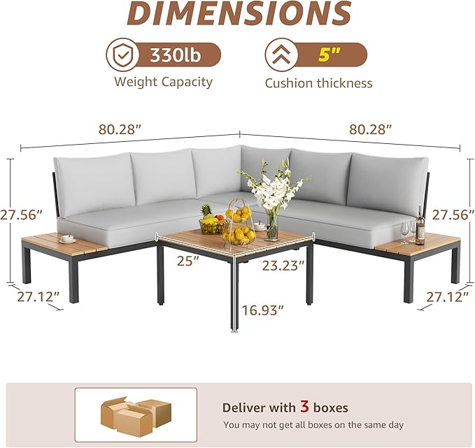 NATURAL EXPRESSIONS Patio Furniture Sets, L Shape Patio Sectional Metal Outdoor Sectional Corner Sofa Outdoor Couch with Detachable Backrest,3 Fauxwood Tables,5” Grey Olefin Cushions
