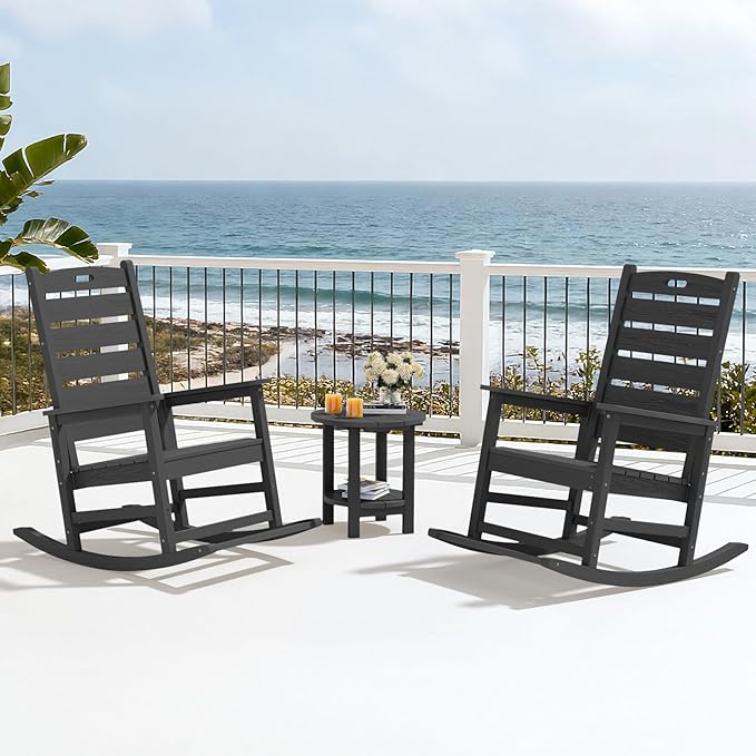SERWALL Outdoor Rocking Chair, Oversized Rocking Chair with Footrest for Adults, HDPE All Weather Resistant Rocking Chairs for Patio, 350lbs Weight Capacity, Gray