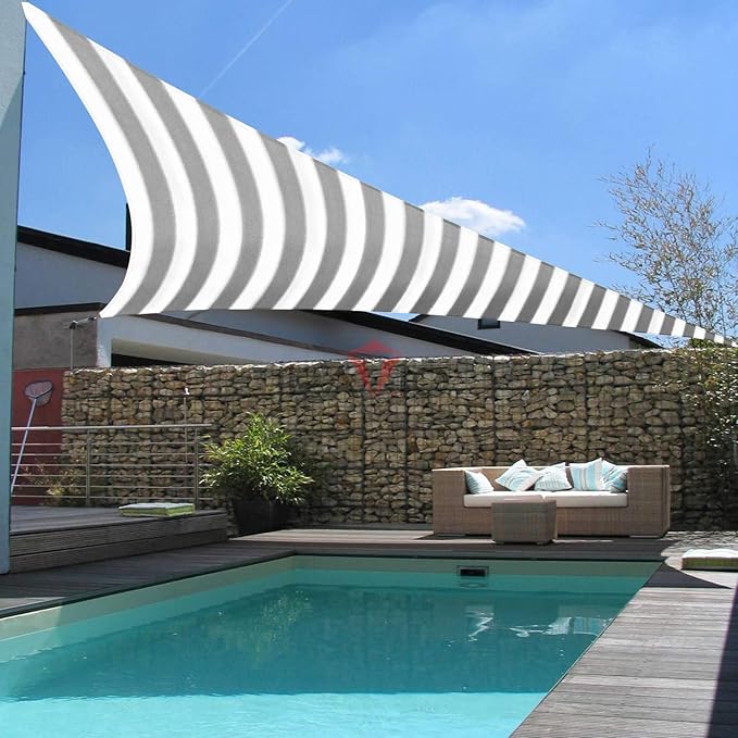 Patio Paradise 14' x 14' x 14' Sun Shade Sail Triangle Canopy Shade Cloth Fabric Sunlight Block Patio Pergola Cover HDPE Deck Awning for Outdoor Backyard Roof Shading, Gray White Strip
