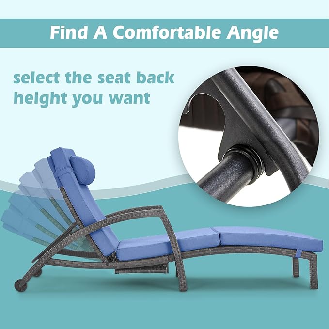 Chaise Lounge Chairs Outdoor Set of 6, Comfy Outside Wicker Patio Pool Lounge Chair w/ 5 Adjustable Back Angle, Cup Holder, Thicken Cushion