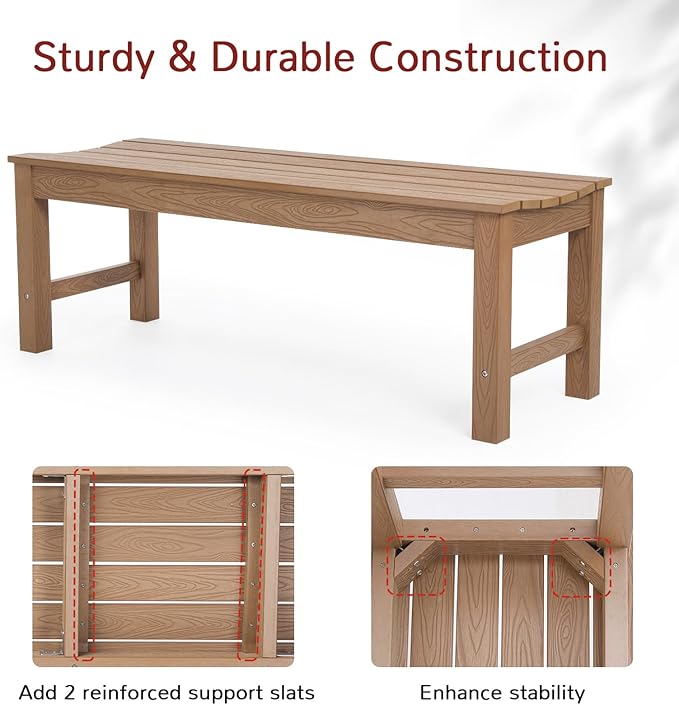 Stoog Outdoor Bench, 2-Person Patio Backless Bench with 800 lbs Weight Capacity, All-Weather HIPS Garden Bench, Enteyway Bench, Never Rot or Fade, Teak
