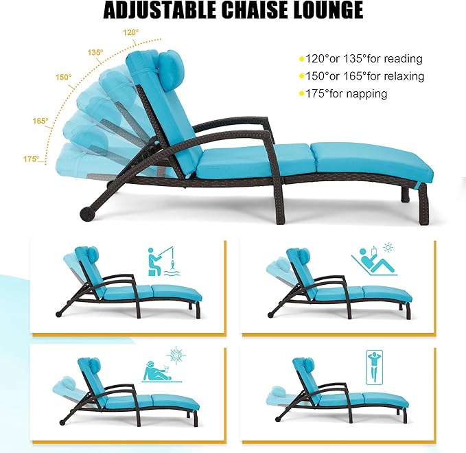 HOMREST Chaise Lounge Chairs Set of 4, PE Rattan Wicker Lounge Chair with Arm and Wheels for Poolside,Blue