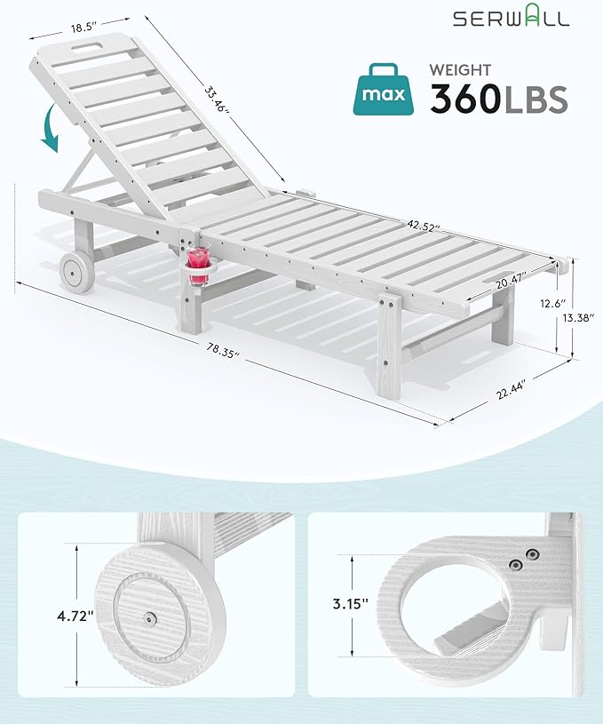 SERWALL Patio Chaise Lounge Chair Set of 4, HDPE Outdoor Lounge Chair with Cup Holder, 5 Positions Adjustable Pool Lounger with Rolling Wheels for Poolside, Deck, Sunbathing, White