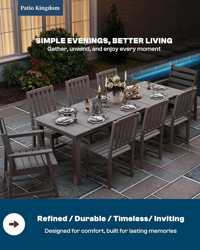 9-Piece Outdoor Dining Set for 8, 75.2'' HDPE Table with Umbrella Hole & Chairs, Weather-Resistant Patio Furniture for Lawn, Yard, Balcony, Deck (Grey)