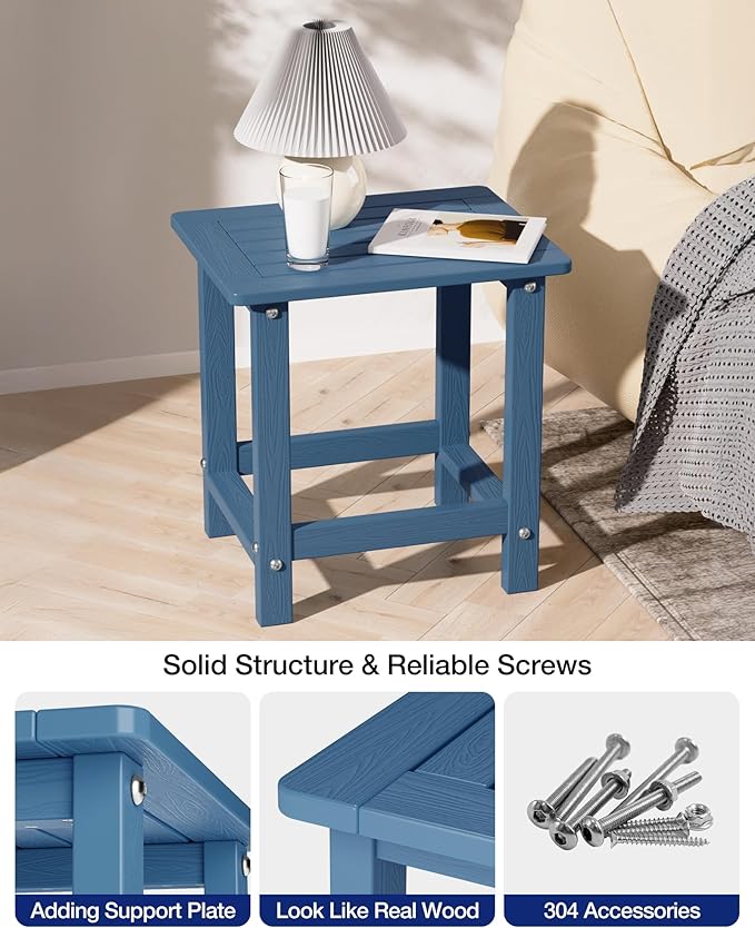 YEFU Outdoor Side Table for Patio: 16" HIPS Weather - Resistant Adirondack Tables Set of 2 - Small Square End Tables for Backyard Pool Porch Balcony - Indoor Outdoor Durable Table Navy Blue