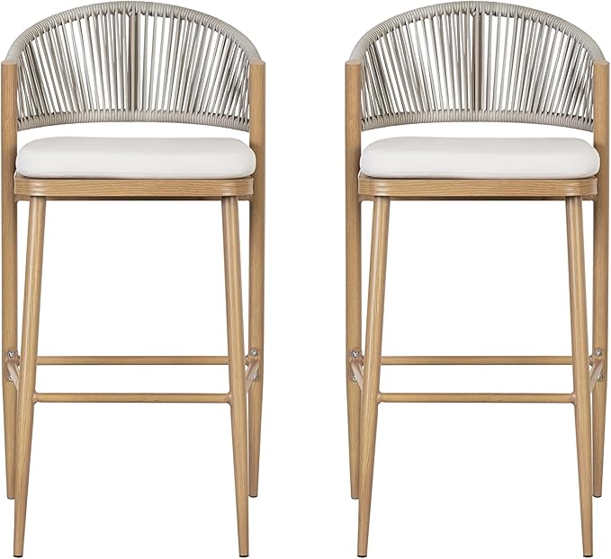 Christopher Knight Home Hearth 30.25" Patio Barstools Set of 2, Woven Wicker Counter Stool, Aluminum Frame Barstool, PE Rattan Scallop-Shape Backrest Woodlike Stool for Backyard Balcony, Maple