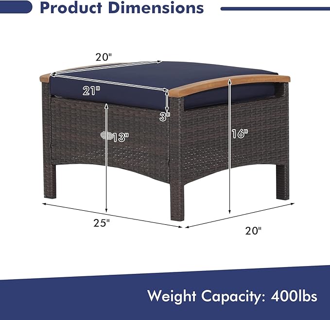Tangkula 2 Piece Patio Rattan Ottomans, Outdoor Wicker Footstool w/Acacia Wood Handles, Soft Zippered Cushions, 3-in-1 Function Footstool Seat & Side Table for Backyard, Balcony, Poolside (Navy)