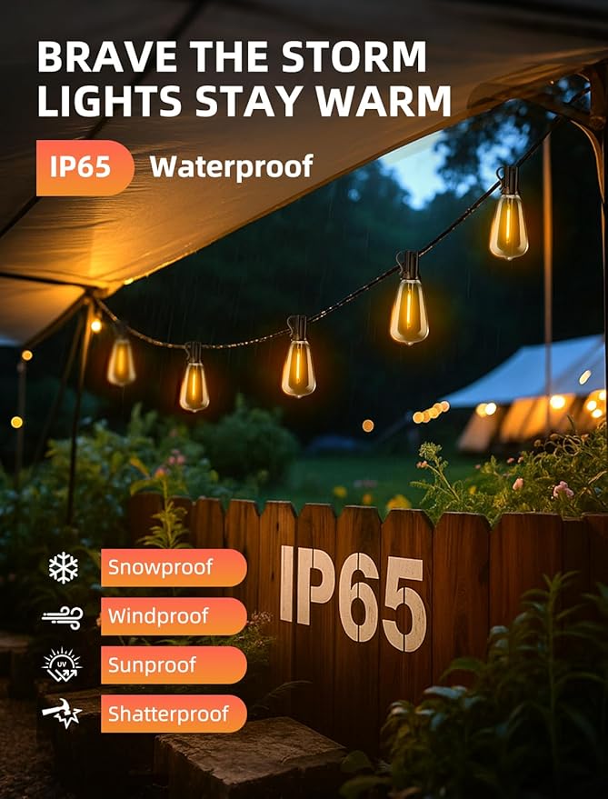 Outdoor Patio String Lights: 200Ft 60M Outside Waterproof Light - Remote Dimmable ST38 Shatterproof Bulb Connectable Hanging Outdoor Electric Lighting - Backyard Yard Gazebo Porch Party